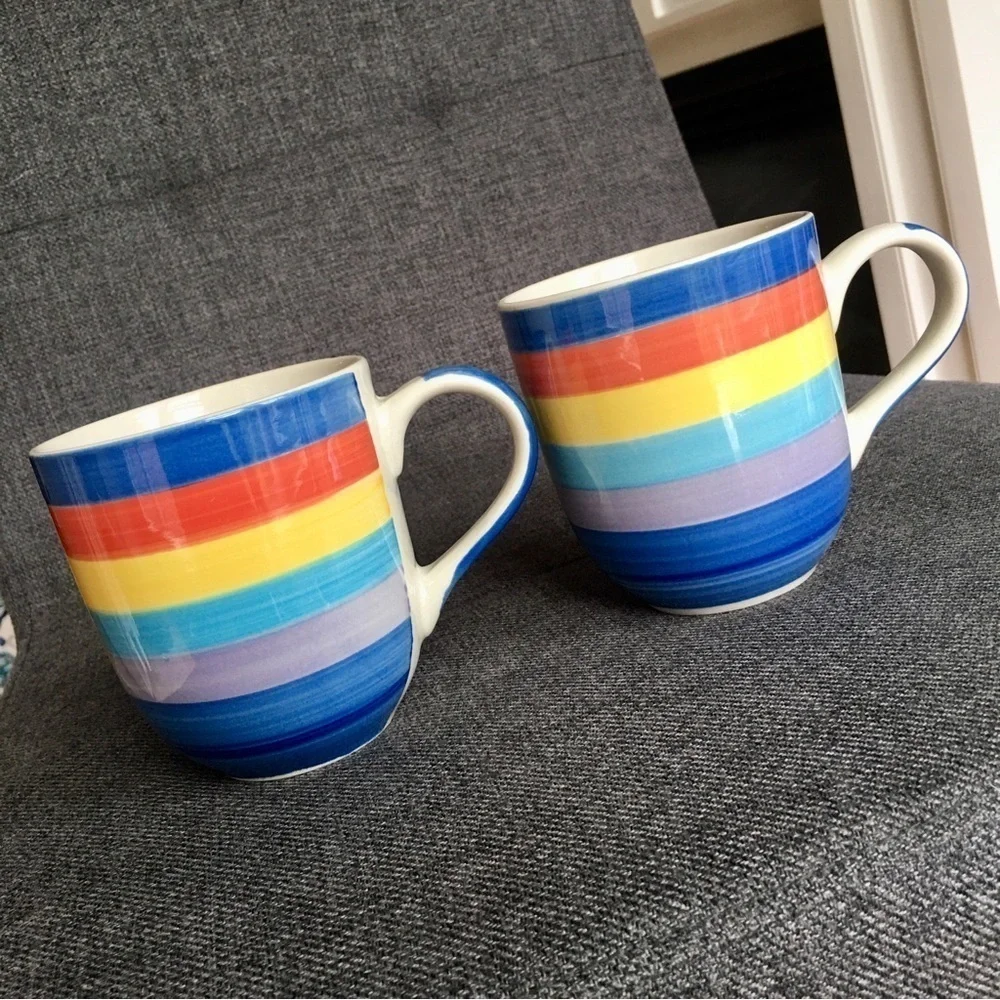 Set/2 Rainbow Striped Ceramic Coffee Mugs, 14 oz